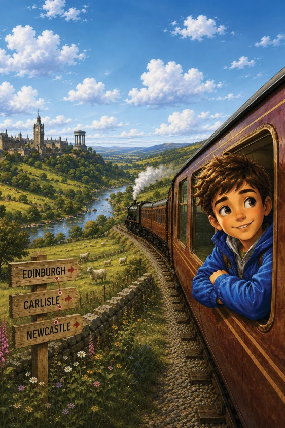 Toby looks from a train window as green countryside stretches into the distance
