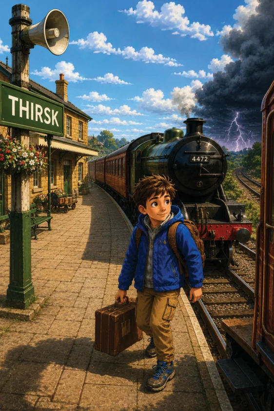 Toby stands with his suitcase at Thirsk station under a dramatic sky